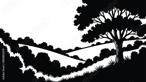 Minimalist silhouette landscape with lone oak tree on grassy hillside in high contrast black and white vector art showing rolling hills distant trees textured foreground composition