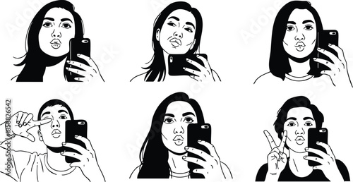 Line art six panel close up woman taking mirror selfies with playful expressions holding smartphone front view studio lighting high contrast black and white vector set