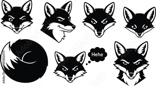 Line art vector pack showing close up fox head icons with varied expressions smiling winking snarling looking forward plus round tail emblem and playful thought bubble
