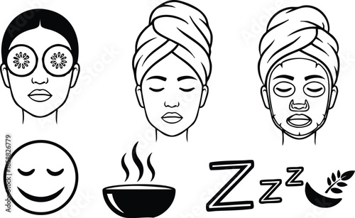 Line art front facing woman with cucumber eye slices towel wrapped hair wearing sheet mask steam bowl zzz moon skincare spa icons calm black white outline