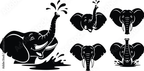 Silhouette vector icon set of playful elephants with raised trunk splashing water smiling side view frontal close up profile bold line art minimal black shapes isolated