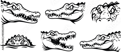 Line art crocodile head set in six variations showing snarling jaws calm profile and three quarter views bold ink strokes isolated white background detailed vector illustration