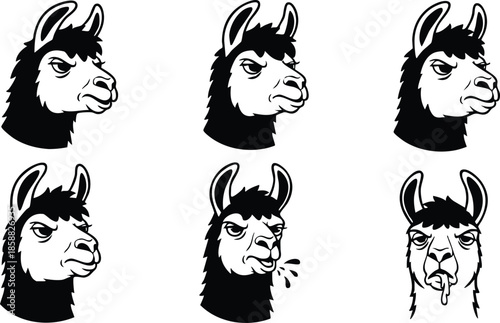 Line art black and white alpaca head set with six expression variations including spitting tongue out front view vector sticker sheet close up bold lines monochrome