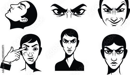 Line art expressive face set showing six black and white stylized portraits with varied angry smug surprised and contemplative expressions frontal close up vector illustration minimal