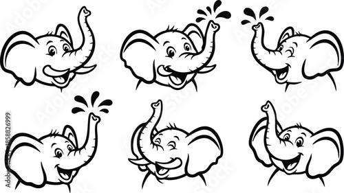 Line art six playful elephant head icons with raised trunks spraying water showing varied joyful expressions smiling winking facing left and right simple black stroke vector