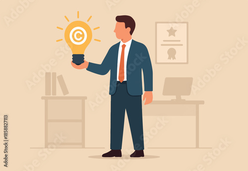 Copyright reserved, trademark intellectual property protection, original idea or innovation, legal or law protection registered concept, businessman holding light bulb idea with copyright symbol.