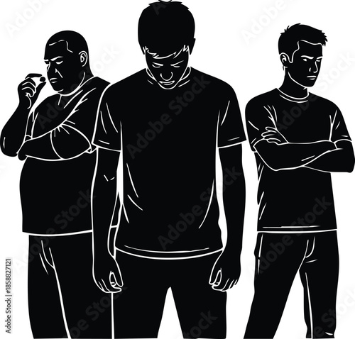Halftone grunge vector close up of three male silhouettes standing with center figure bowed and two side figures with crossed arms urban high contrast bold composition