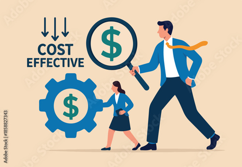 Cost effective, reduce cost and time to maximize better quality result, optimize cost and expense for better profit strategy concept, businessman with magnifier dollar money from cog gear production.