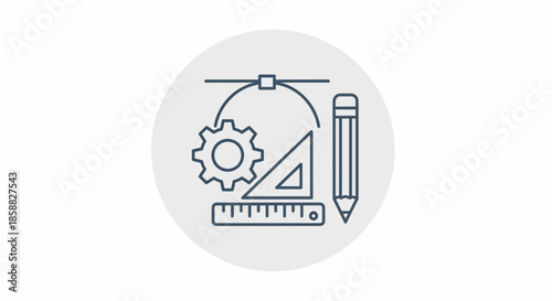 Design and engineering concept with gear, pencil, ruler, and curve tool.