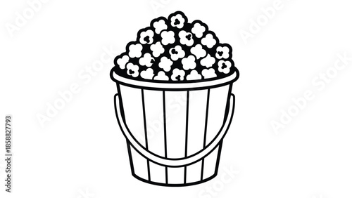 A black and white illustration of a bucket filled with fluffy popcorn