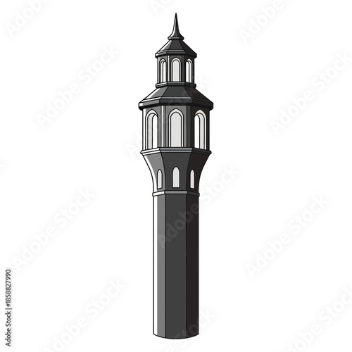 A tall, intricately designed black and white tower with multiple arched windows and a pointed spire, illustrated in a graphic style, isolated on a white background 
