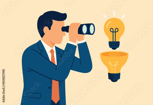 Creativity to help see business opportunity, vision to discover new solution or idea, curiosity, searching for success concept, businessman open lightbulb idea using binoculars to see business vision.