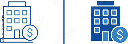 Building Finance: Depicting financial concept in two building icon which has dollar sign beside the building. Suggests investment, property and monetary theme.