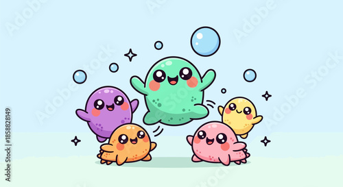 Cute Kawaii Blob Monsters Group Playful Fun.