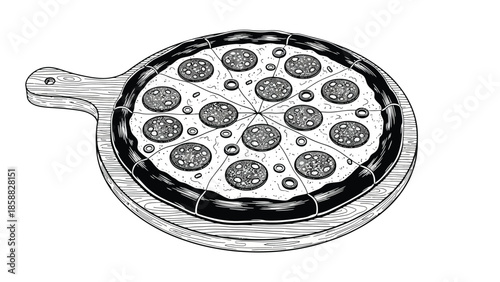 A black and white sketch of a pepperoni pizza on a wooden serving board