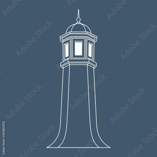 A white line drawing of a tall tower with a dome roof stands alone on a blue background 