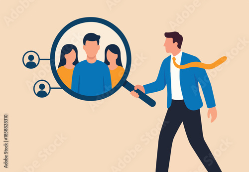 Customer centric marketing strategy to design product and service, UX user experience , advertising focused group concept, businessman with magnifying glass focus on customer, users or people.