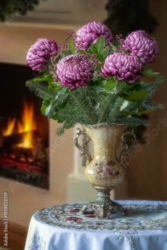 Still life with bouquet of purple chrysanthemum 