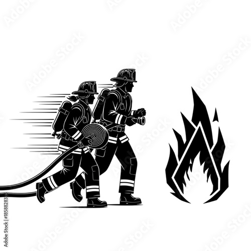 Firefighters in action with equipment Isolated On Transparent Background.