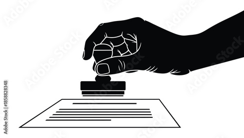A hand pressing a stamp onto a document symbolizing validation or agreement