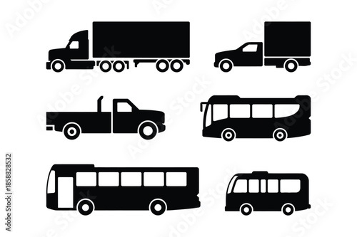 Commercial Freight Trucks and Public Bus Silhouettes