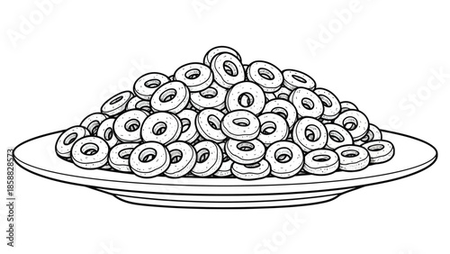 A pile of sliced rings possibly onions or lemons presented on a plate