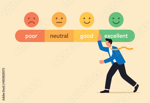 Customer feedback giving rating based on experience or quality from product and service, survey, opinion and review to evaluate result, man trying to push customer feedback bar to be excellent smile.