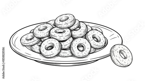 A sketch illustration of a plate piled high with many bagels