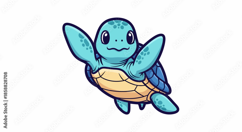Naklejka premium Cute cartoon sea turtle swimming happily with flippers up.