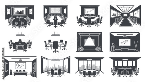 Black and white illustrations of various conference and meeting room setups