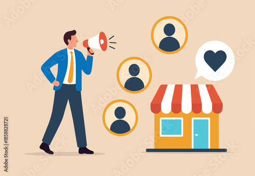 Customer loyalty or retention, marketing strategy for return customer, CRM to increase sale and satisfaction concept, store owner with megaphone tell loyalty customers with brand positive feedback.
