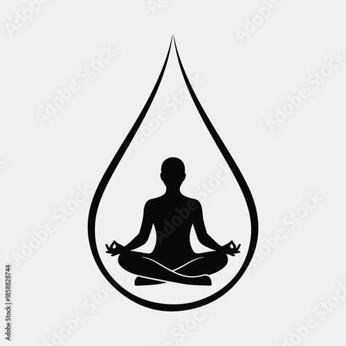 Silhouette person meditating in lotus pose inside water drop vector illustration