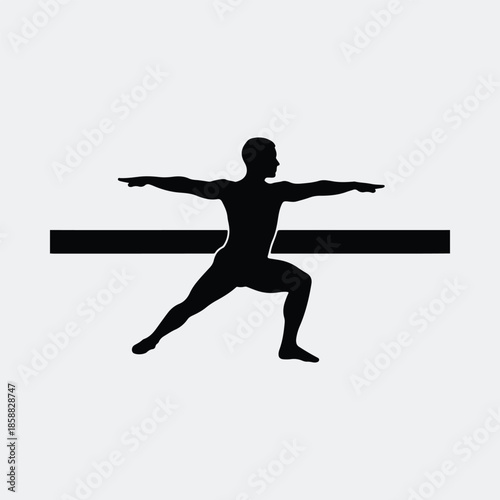 Silhouette person exercising yoga warrior pose with minimal horizontal bar background vector illustration