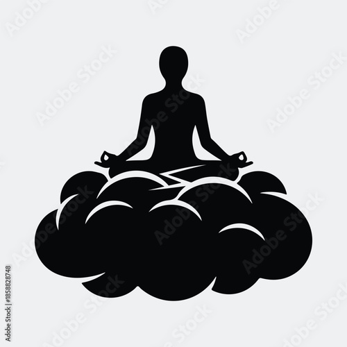 Silhouette person meditating calmly in lotus position floating on cloud vector illustration