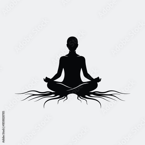 Silhouette person meditating in yoga lotus pose with natural roots vector illustration