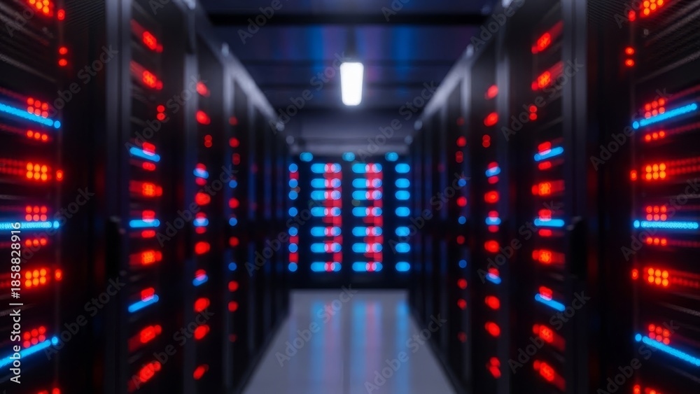 Fototapeta premium Data center servers glowing blue and red in server room corridor