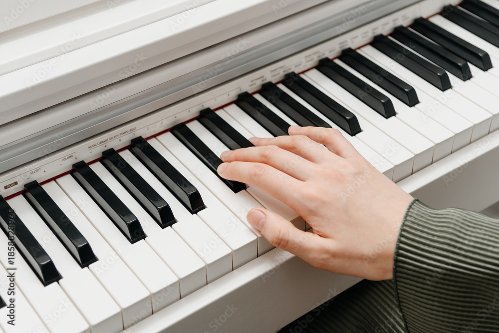Obraz premium female pianist hands on black and white synthesizer keyboard, close-up view, young woman playing piano, professional musician