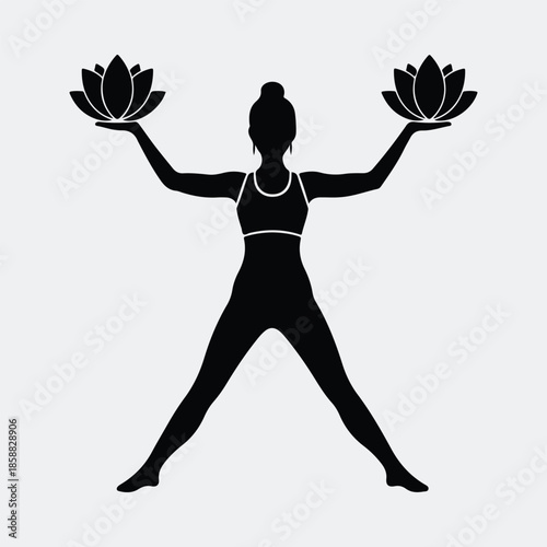 Silhouette woman holding lotus flowers yoga pose standing position vector illustration