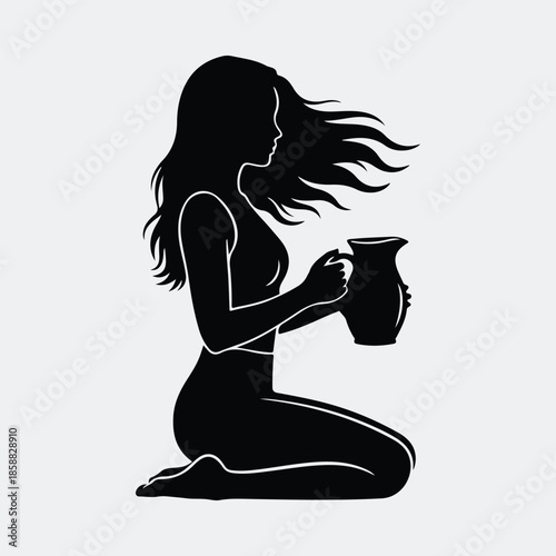 Silhouette woman kneeling holding a pitcher with flowing hair vector illustration