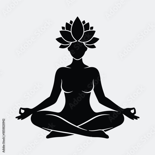 Silhouette woman meditating in lotus position with floral crown yoga vector illustration