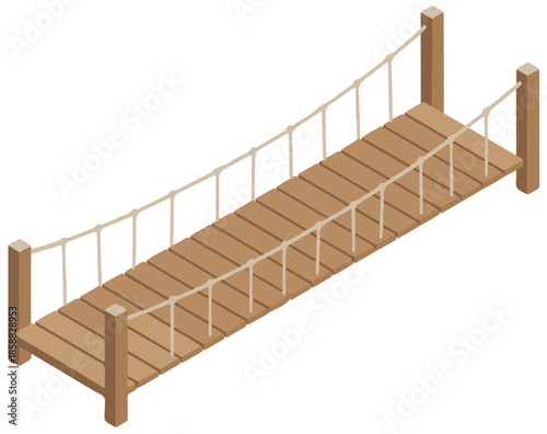 Wooden suspension bridge connecting two sides in isometric view