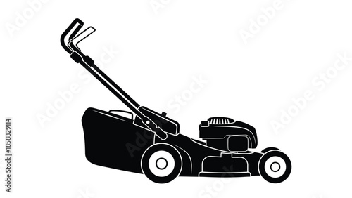 A black and white silhouette illustration of a typical lawn mower