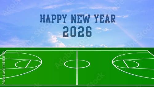 Happy New Year 2026, Vibrant Green Sports Court Under Optimistic Blue Sky for Future Goals