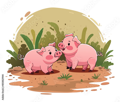 Two pink pigs touching noses in a friendly gesture in the middle of a muddy farm field