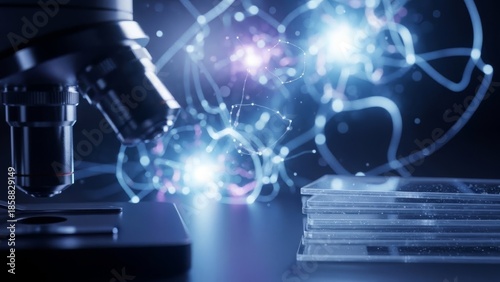 Microscope observing abstract glowing neural network connections and laboratory glass slides