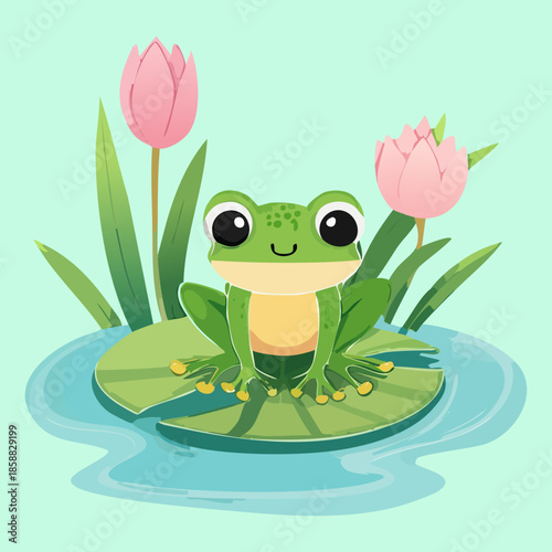Small green frog sitting calmly on a lily pad with pink lotus flowers in a peaceful pond