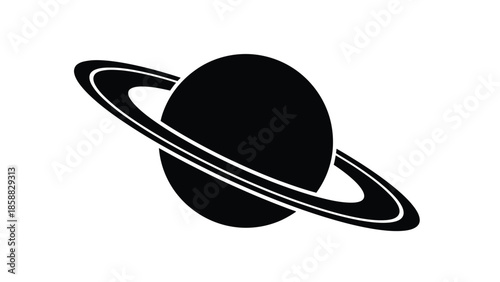 A simple black and white illustration of the planet saturn with its rings