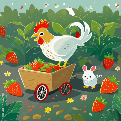 White Rooster Pulling Red Cart Filled With Fresh Garden Red Strawberries