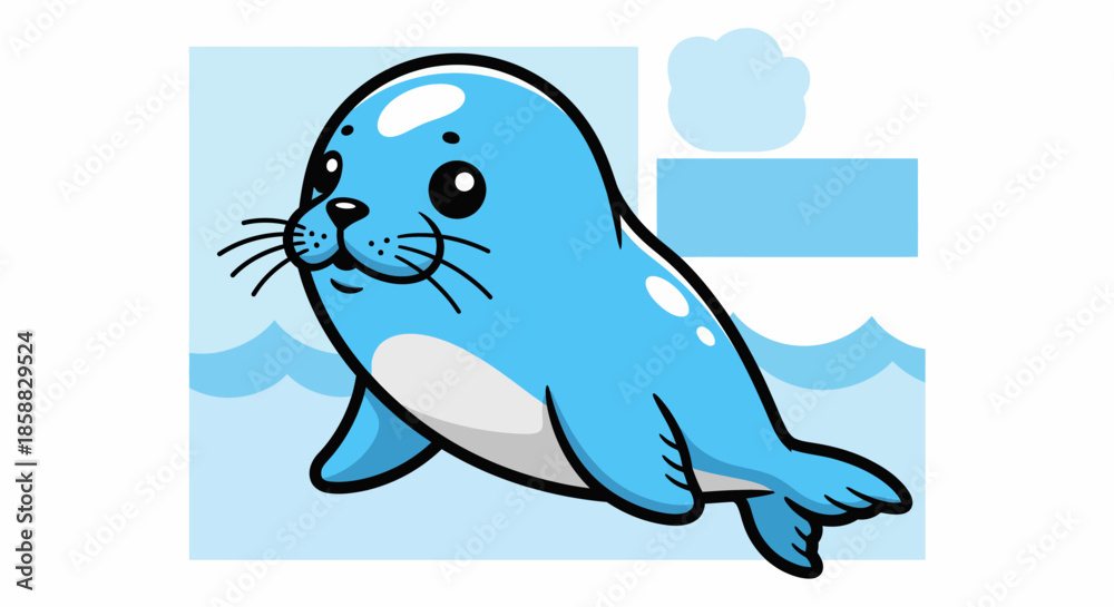 Fototapeta premium Cute cartoon blue seal swimming in water illustration.
