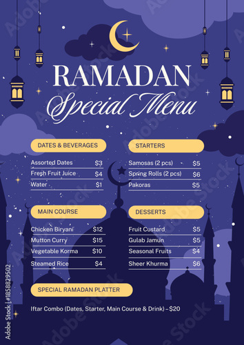 Ramadan special menu template for Iftar with traditional food and drinks